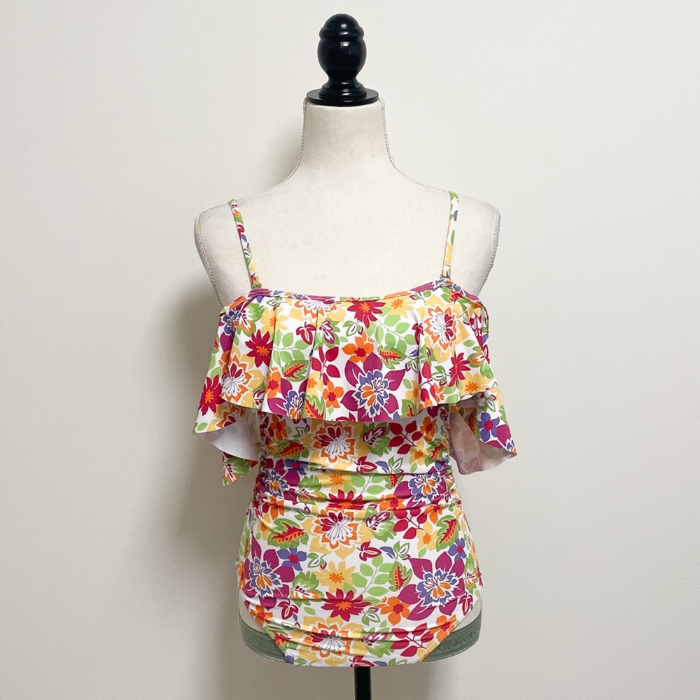 Shein Flounce Cold Shoulder One Piece Floral Bathing Suit NWOT Small Ruching